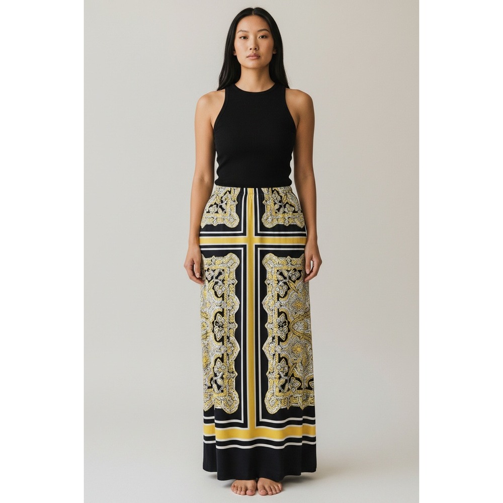 Cato Womens XS Black Yellow Paisley Scarf Print Maxi Skirt Elastic Waist Slit